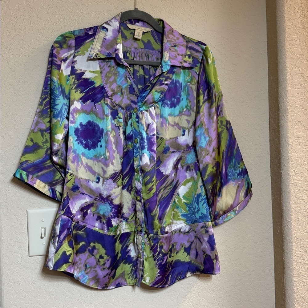 Jonathan Martin Purple and Green Abstract Blouse Size L